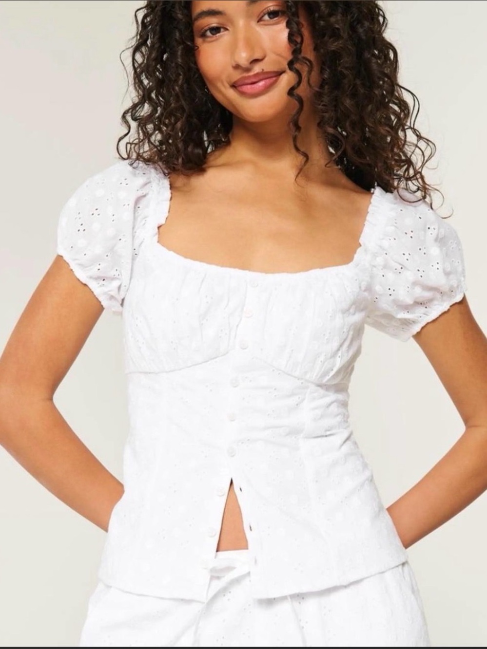 Hollister White Eyelet Puff-Sleeve Square Neck Top